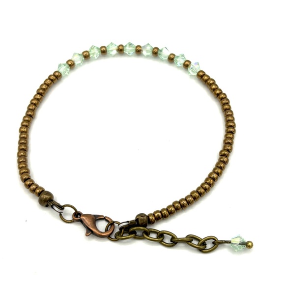 Hand Crafted Dainty Seed Bead Green Crystal Bracelet - Picture 3 of 5